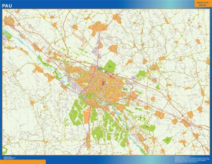 Mapa Pau en Francia enmarcado plastificado