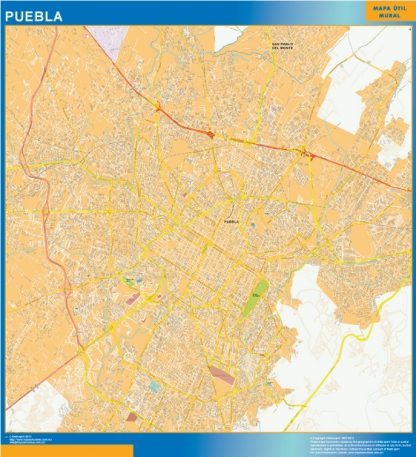 Mapa Puebla Centro en Mexico enmarcado plastificado 