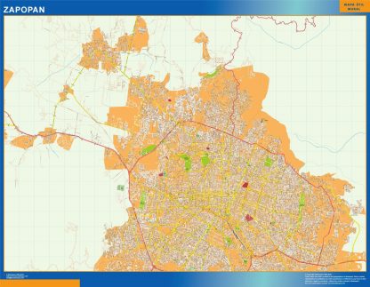 Mapa Zapopan en Mexico enmarcado plastificado 