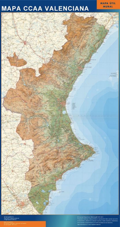 Mapa de Comunidad Valenciana relieve enmarcado plastificado