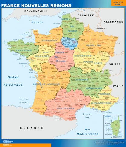 Mapa de Francia con las nuevas regiones enmarcado plastificado